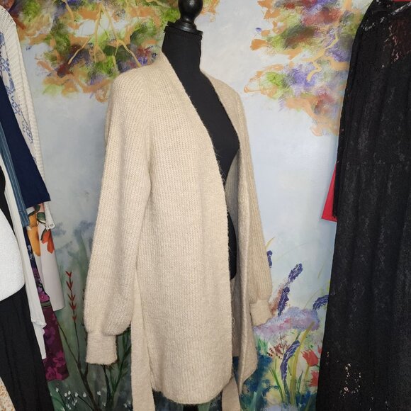Wool Knit Beige Long Cardigan Sweater With Tie Belt - Picture 3 of 11